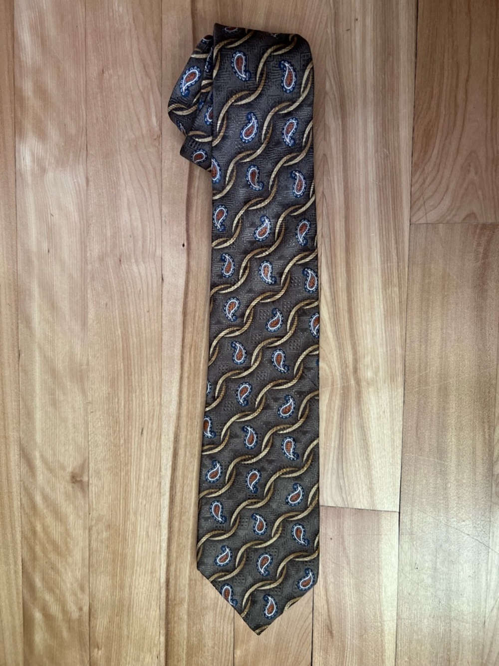 Dior Brown Paisley Silk Tie with Gold and Blue Accents
